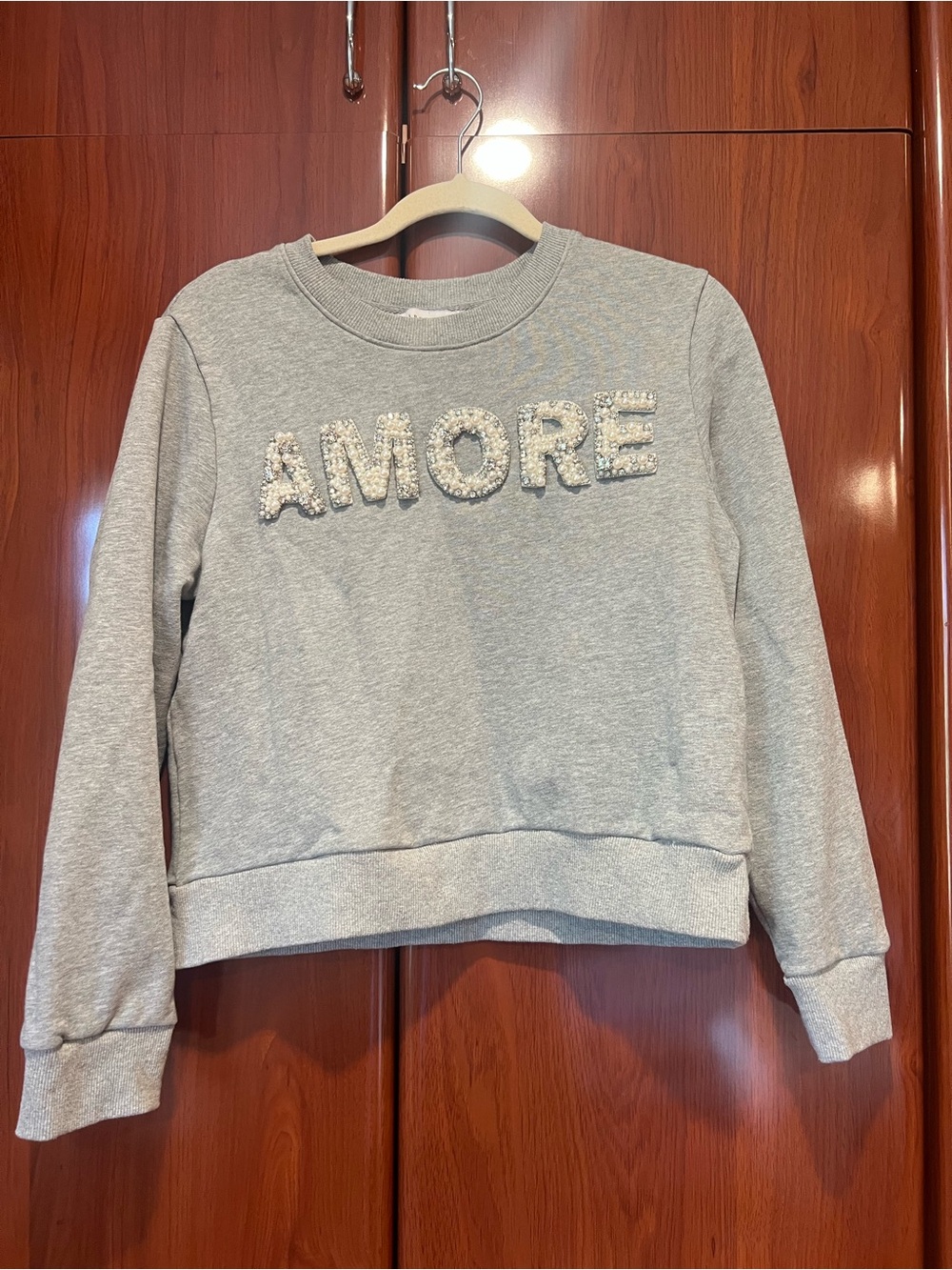 Endless Rose Gray Ribbed-Neck Sweatshirt